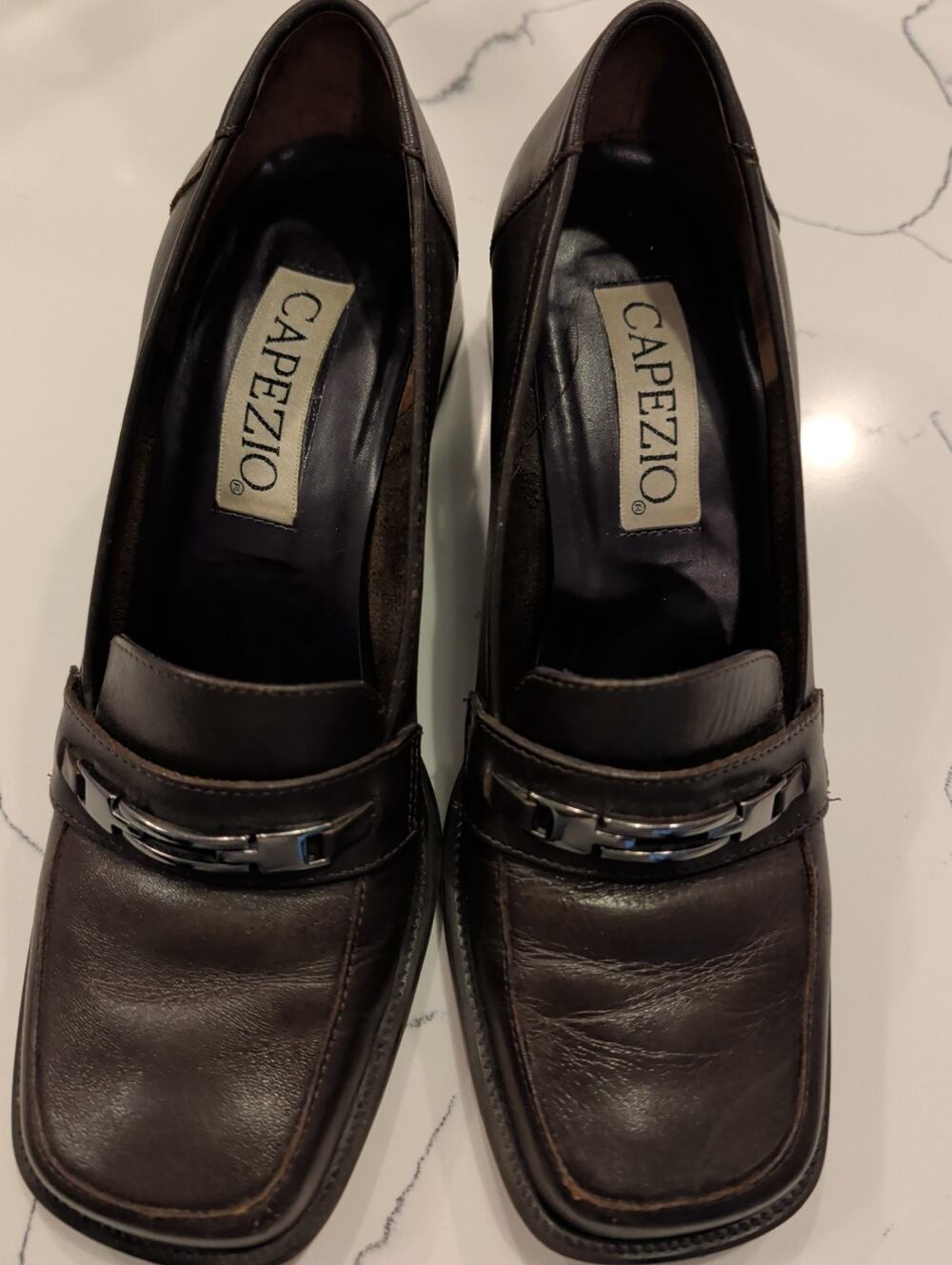VTG Capezio Black Leather Loafers Square Toe Metal Bit Chunky Block Heel...
